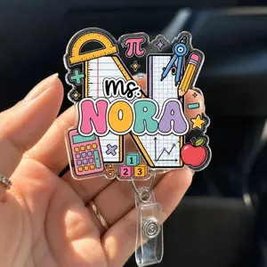 Personalized Acrylic Badge Reel: Math Teacher ID Holder, Classroom Supplies Design