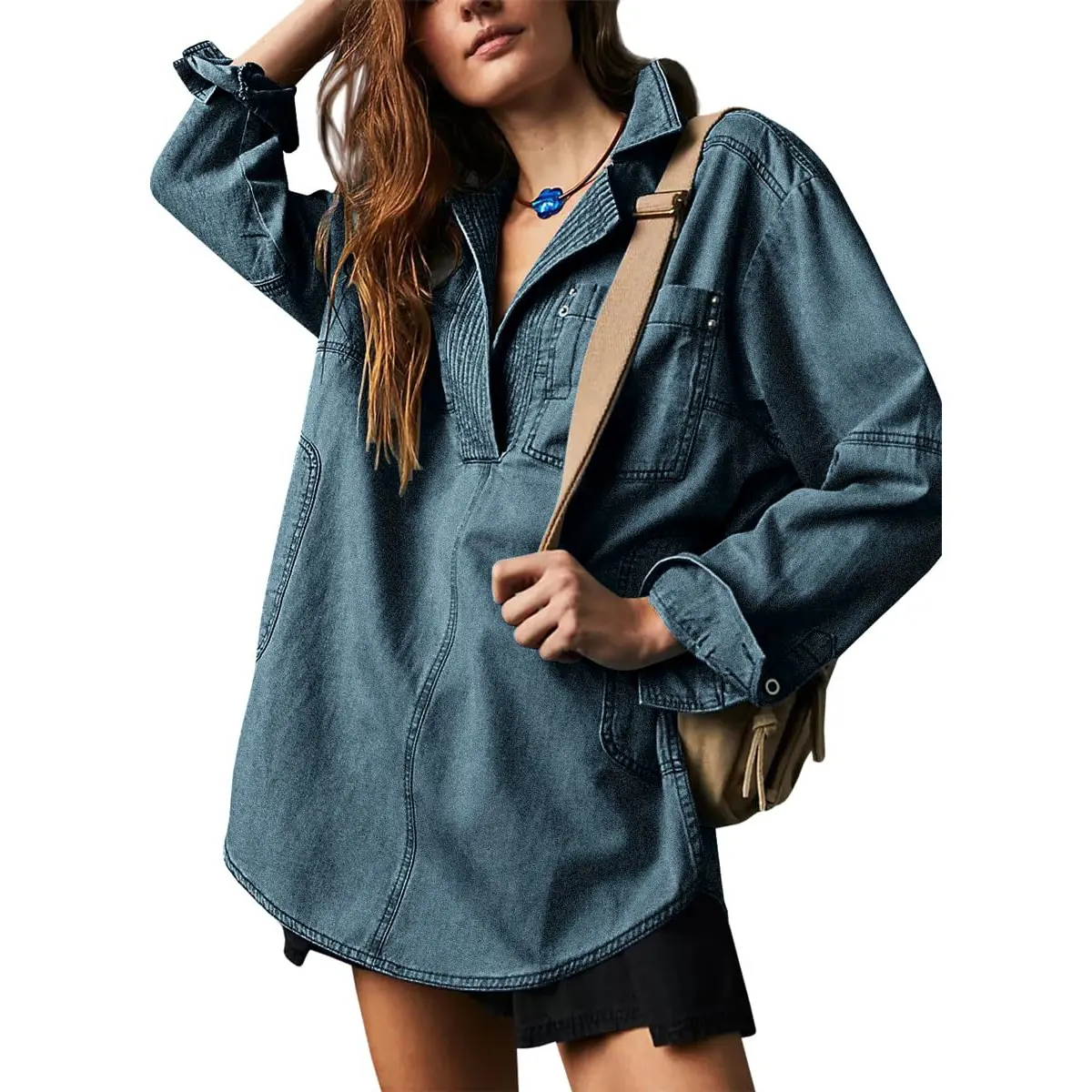 Chouyatou Women's Minimalist Long Sleeve Collared Distressed V-Neck Boyfriend Loose Fit Basic Denim Jacket - Business Casual Outerwear Pullover Top