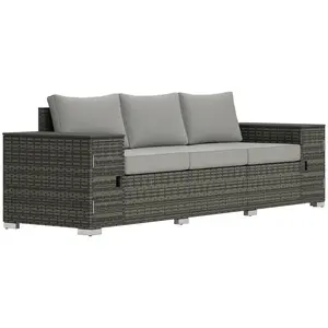 Wicker Outdoor Couch Patio Sofa 3 Seat PE Wicker Couch With Under Armrest Storage For Courtyard Or Sunroom Wood Plastic Composite Armrests