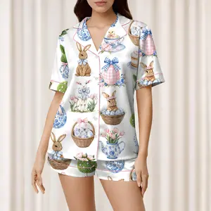 Women's Coquette Easter Bunny Short Sleeve Satin Pajama Set, Chinoiserie Easter Sleepwear