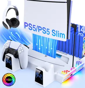 PS5/PS5 Slim Stand and Cooling Station with Controller Charging Station for PS5, PS5 Accessories Incl. 3 Levels Turbo Fan,14 Game Slots, Headset Holder, PS5 Cooler for PS5 Digital/Disc