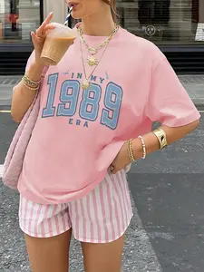 Women's Vintage 1989 Print Round Neck Graphic Tee, Casual Drop Shoulder Short Sleeve T-Shirt for Daily Wear, Ladies Summer, Top