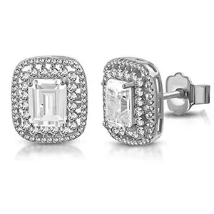 925 Sterling Silver Large Statement Rectangular Clear White CZ Stud Earrings, 0.65"