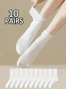 10 Pairs Women's Socks, Japanese Style Crew Socks, Low Top Short Tube Socks, Comfortable Absorbent, Simple Versatile, All Seasons