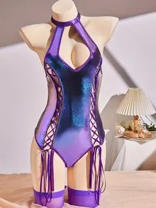 Women's Metallic Lace-Up Jumpsuit, Seduluxe Sexy Underwear, Perfect for Romantic Dates, Halloween Costume, Theme Parties, Stripper Role Play