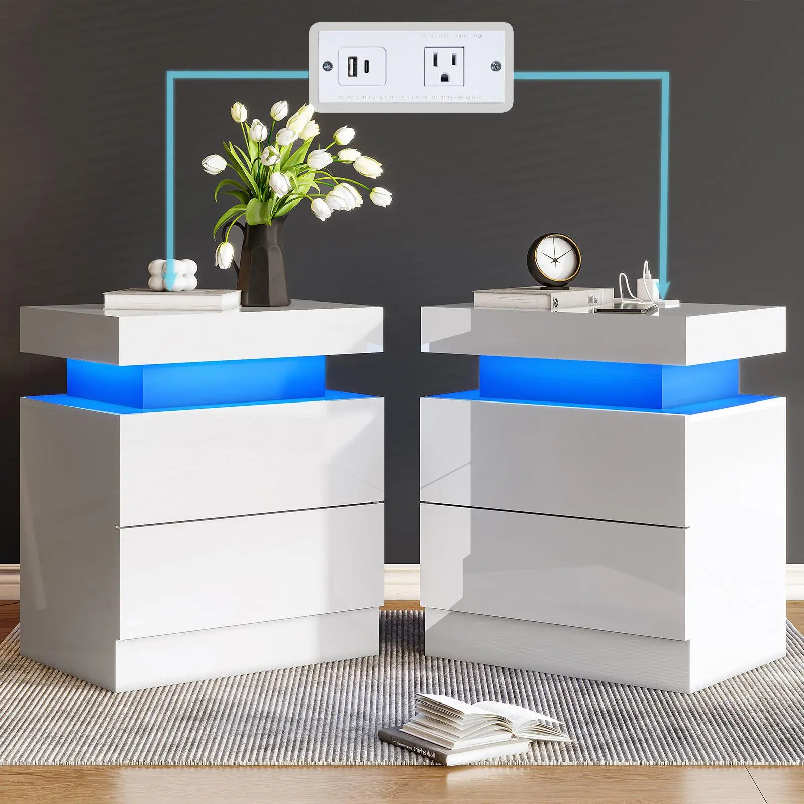 [Summerwins][TWO TABLES IN ONE BOX] VanAcc High Gloss Nightstand Set of 2 with Charging Station, Modern Bedside Table with LED Lights by App and Remote  Control, Sofa End Side Tables with Drawers, Minimalist Night Stand for Bedroom, Living Room