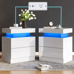 [DealsForYouDays][TWO TABLES IN ONE BOX] VanAcc High Gloss Nightstand Set of 2 with Charging Station, Modern Bedside Table with LED Lights by App and Remote  Control, Sofa End Side Tables with Drawers, Minimalist Night Stand for Bedroom, Living Room