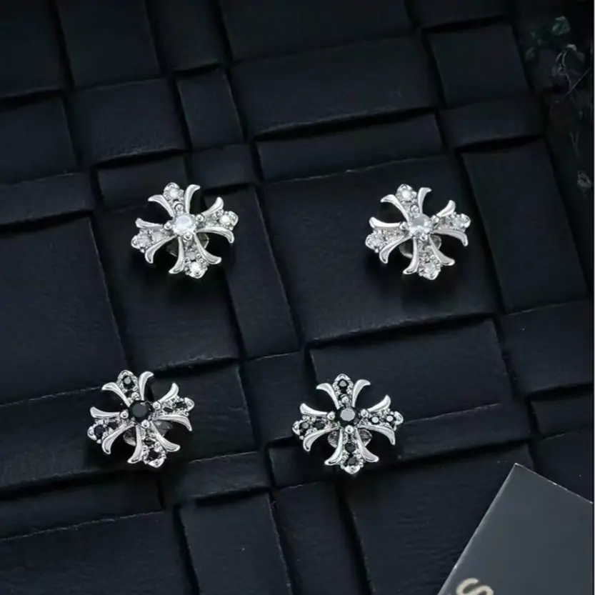 Vintage Gothic Studded Cross Alloy Earrings Studs with Rhinestones - Geometric Cut Unisex Punk Men's Earrings for Casual Daily Wear, Parties