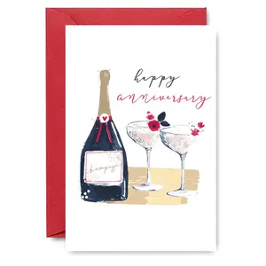 1PC Luxurious Anniversary Card, Champagne "Happy Anniversary" Design with Floral Glasses, For Romantic Partners, Perfect for Celebratory Anniversary Wishes