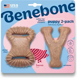 Puppy 2-Pack Dental Chew/Wishbone Dog Chew Toys, Made in USA, Real Bacon Flavor