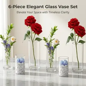 This 6-piece multipurpose transparent cylindrical glass vase and candlestick set features simple, transparent decorative containers suitable for flower arrangements, column candles, and table decorations.