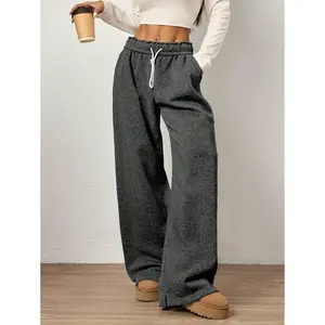 Women’s Grey Straight-Leg Sweatpants with Fold-Over Waist, Drawstring, Tie, and Slant Pockets — Casual Style for Graduation, Back-to-School Outfits, Teacher Outfits for Women, and Back-to-School