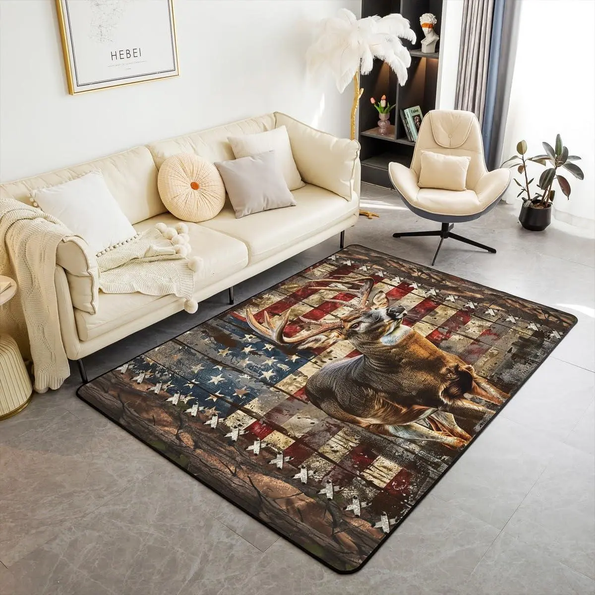 Deer Hunting Accent Rug American Flag Living Room Rugs Area Rug for Kids Wild Animal Deer Accent Rug