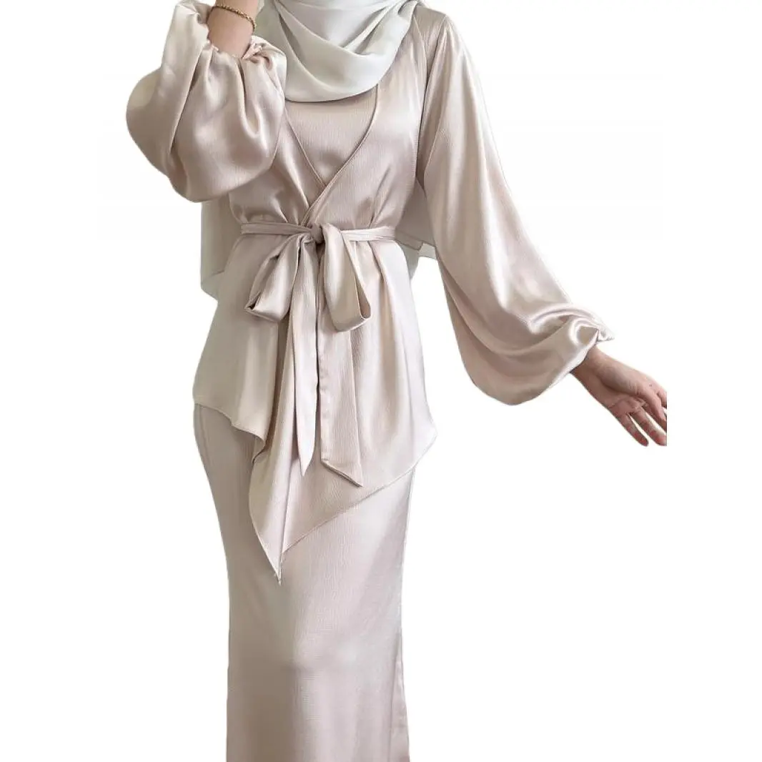 Graceful Two-piece Kaftan, Lantern Sleeve Coat Matching Vest Dress, Minimalist Muslim fashion, Suitable for Special Occasions,Pink