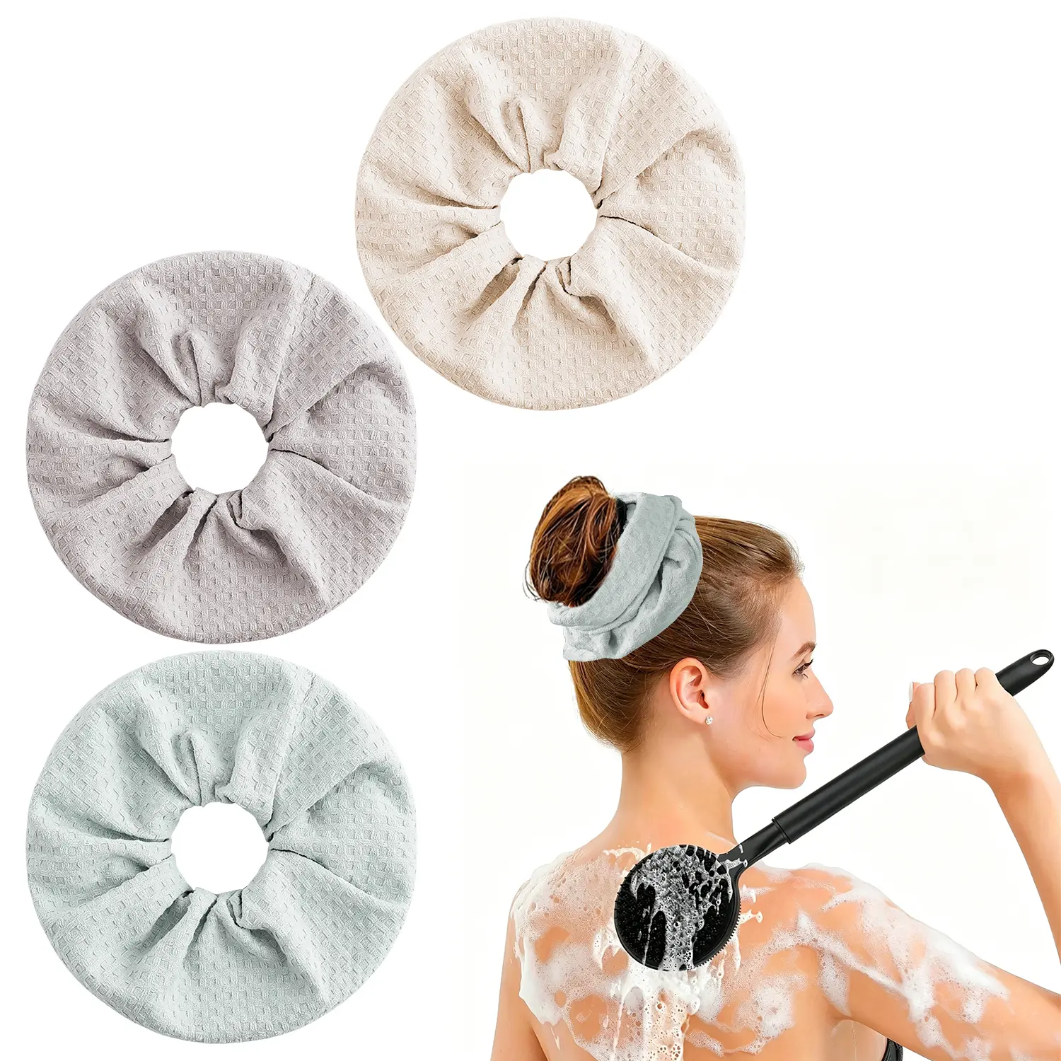 3 Packs 10A Anti-Microbial Hair Scrunchies,Strong Water Absorption,Quick-Dry,Enlarged and Wide Design,9.05In Diameter,for Wet Hair,Bathroom and Daily Hair Care