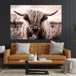 Rustic Cow Farm Animal Canvas Wall Art - Highland Cow Framed Poster - Farmhouse Art Decor
