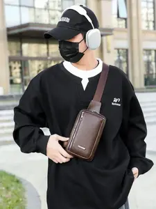 Men's Casual Plain Color Sling Bag, Fashionable PU Leather Crossbody Chest Bag for Work & Daily Used, Casual Trendy Versatile High-quality Daily Commuting Bag