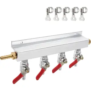 4-Way Gas Manifold CO2 Distributor 5/16 inch Barb/Stem Splitter Beer Integrated Check Valves Homebrew Beer Brewing Tool CO2 gas input at LEFT side with 5 Clamps