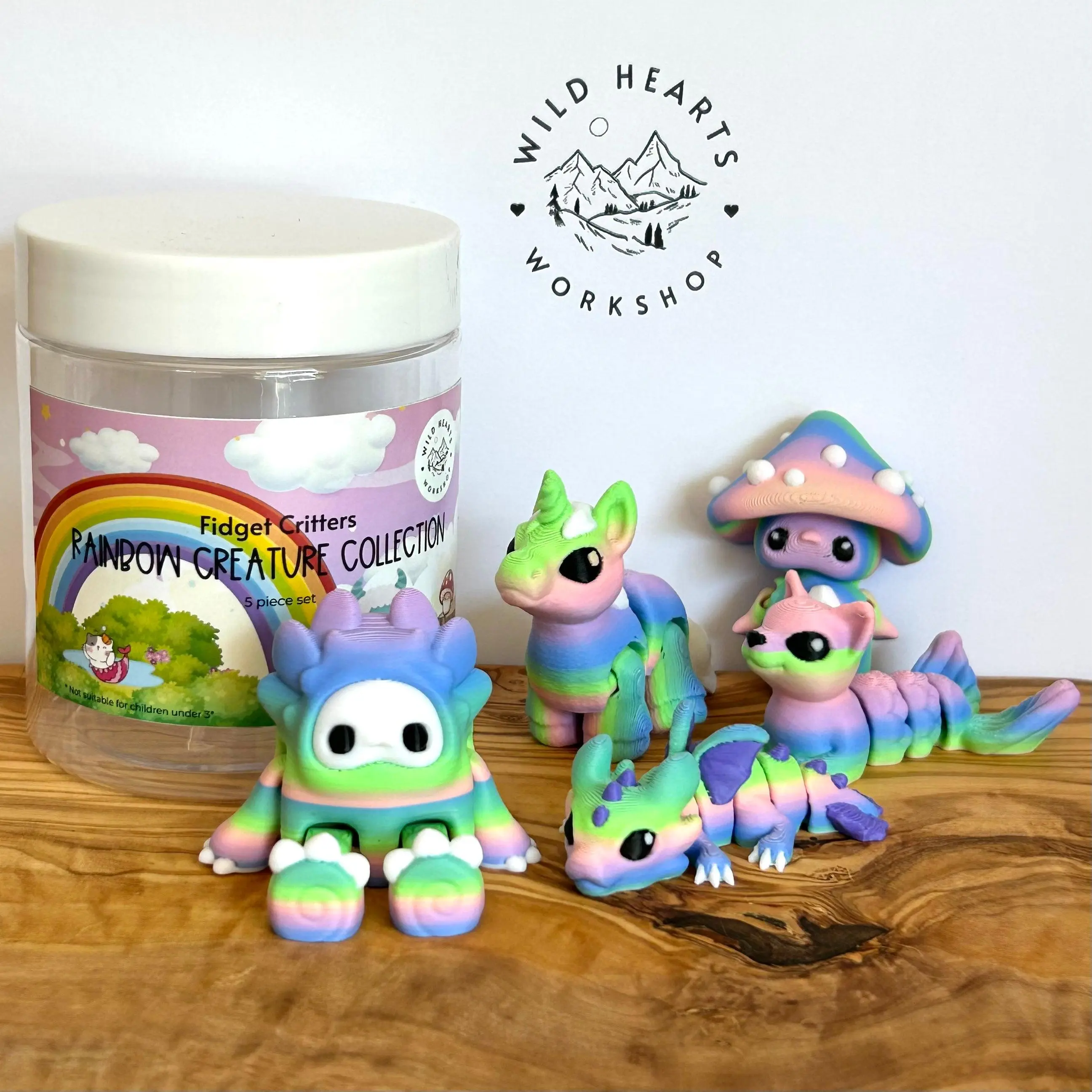 Wild Hearts Workshop Rainbow Fantasy Collection Fidget Critters Durable Articulated Creatures Mushroom Pixie Purrmaid Unicorn Dragon Woobu Upa