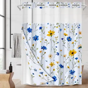 1PC Double Layer Shower Curtain, Floral Flower Shower Curtain, No Hooks, Blue and Yellow Daisy Print Waterproof Fabric, Fresh Botanical Decorative Home Decor, Hotel Bathroom Accessory, Detachable Buckle Shower Curtain and Liner, Bathroom Room Divider
