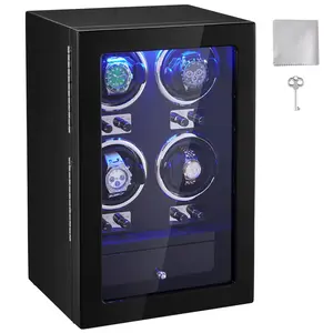 【fathersdaygift】VEVOR Watch Winder, Watch Winder for 4 Men's and Women's Automatic Watches, with 4 Super Quiet Japanese Mabuchi Motors, Blue LED Light and Adapter, High-Density Board Shell and Black PU