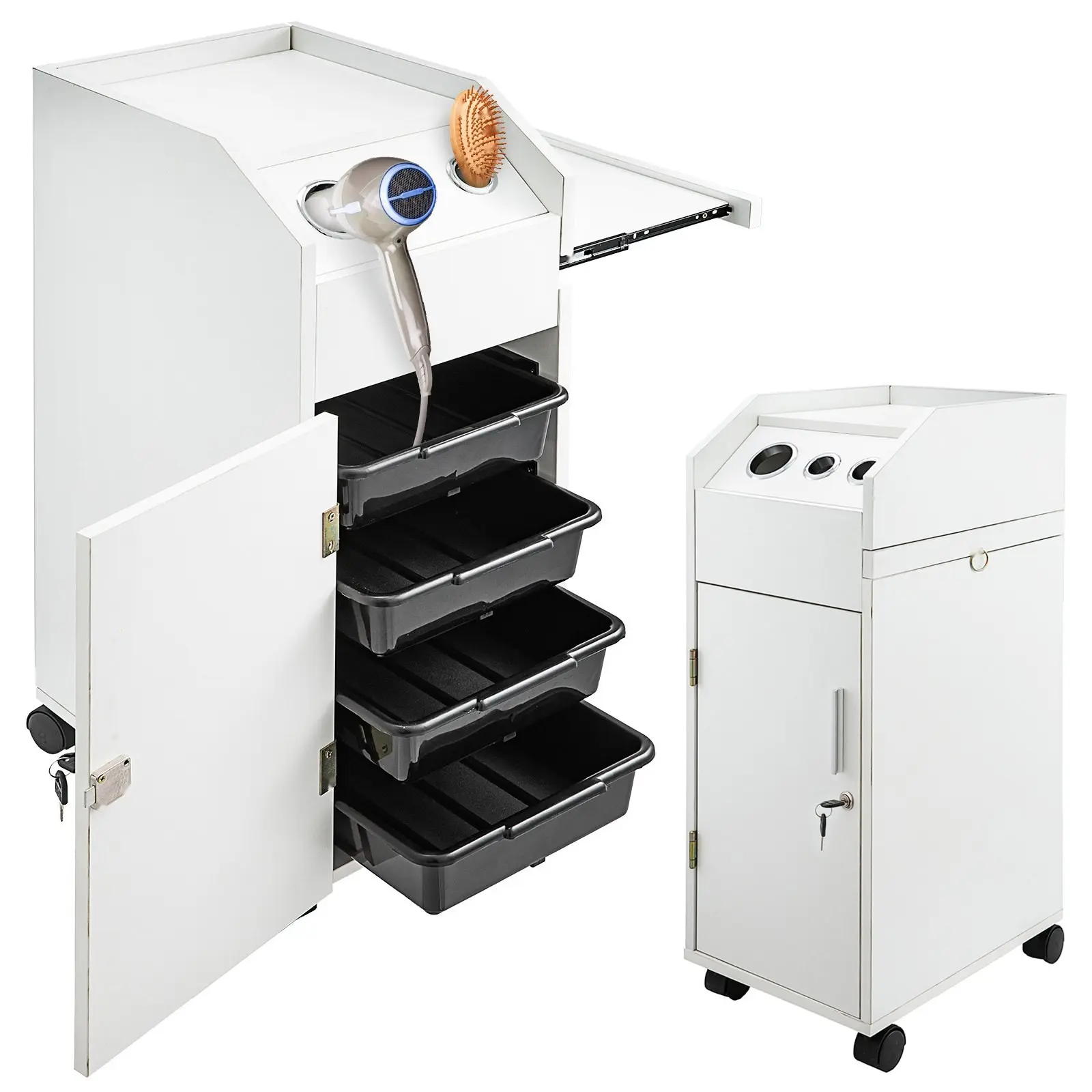 Salon Hairdressing Cart for Beauty Spa, White Mobile Storage Trolley with 4 Drawers, Lockable with 2 Keys, Rolling Wheels, Hair Dryer Holder, Space-Saving Side Tray, Professional Styling Station Organizer
