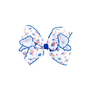 Flag Print Hair Bow - Girls Patriotic Grosgrain Ribbon Hair Accessory
