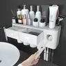 Bathroom Organizer Magnetic Wall-Mount Toothbrush Holder - Traditional Durable Plastic, 2-4 Cup Capacity, Multi-Section, Dual Automatic Toothpaste Dispensers, Cosmetic Drawers, Large Trays, Accessory Bottles, Water Drain, Ideal Bath Gift