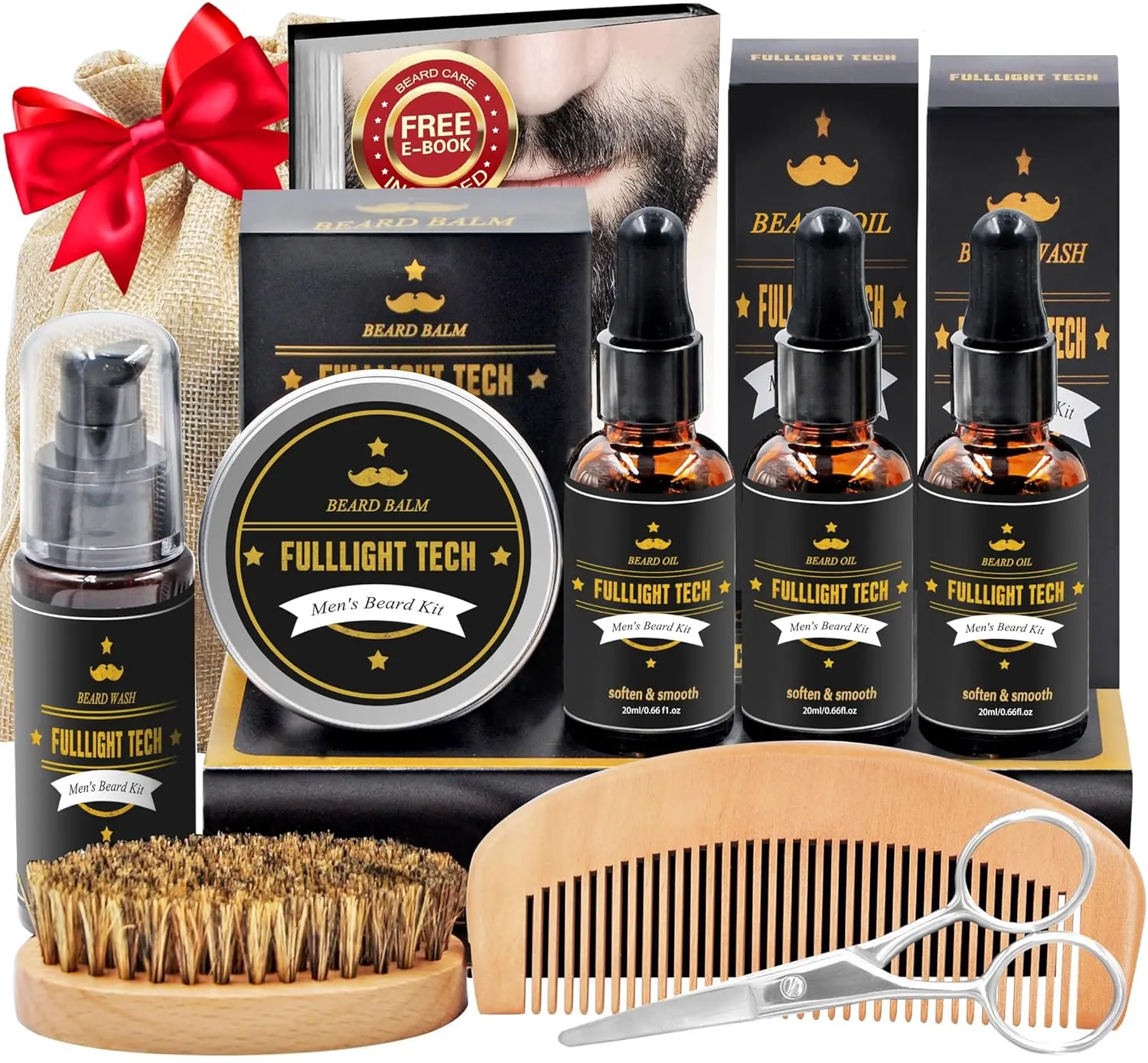 Biethday Gifts,Beard Kit for Men Grooming & Care W/3 Pack Beard Oil, Wash, Balm, Comb, Brush, Scissors,Anniversary Valentines Birthday Fathers Gifts Idea for Husband Him Boyfriend Dad Men Christmas Stocking Stuffers