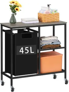 Gray Laundry Hamper with Iron Side Shelf: Laundry Sorter with 45L Pull-Out and Detachable Bags, Clothes Hamper with Wheels, Laundry Basket Sorter for Laundry Room, Bathroom, Bedroom