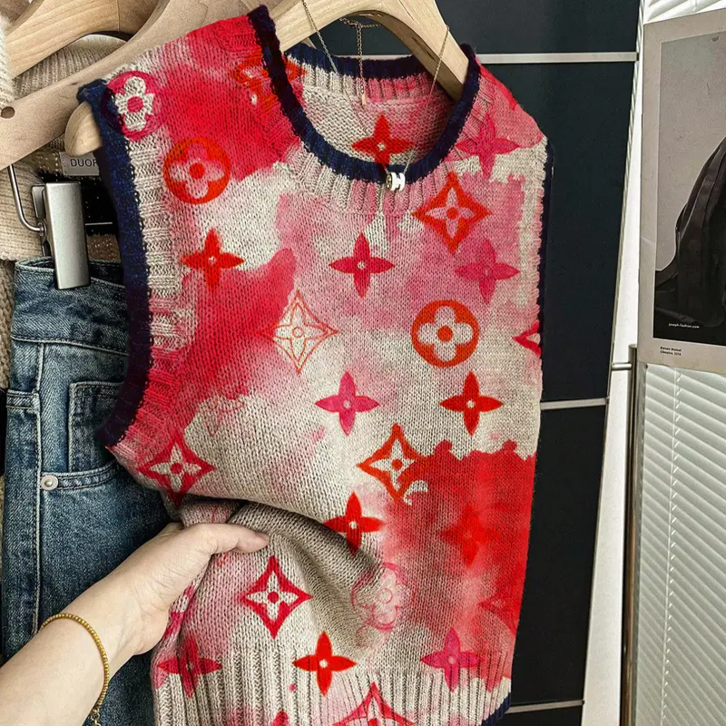 Women's Casual Loose-Fitting Round Neck Sleeveless Knit Top, Deep Blue Border Gradient Geometric Print, Fall & Winter Fashion Womenswear Knitted Vests Lady Sleeveless Tank