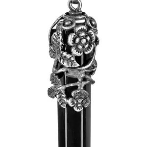 Antique Silver Flower Wrapped Natural Black Agate Healing Crystal Necklace