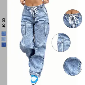 Low - Waisted Light Blue Wide - Leg Cargo Jeans for Women - Spacious Pockets