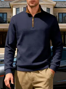 Men's Loose Fit Heavyweight Plaid Sweatshirt, Stand Collar Zipper Design, Casual Business Style, Warm Lining, New Arrival 2026