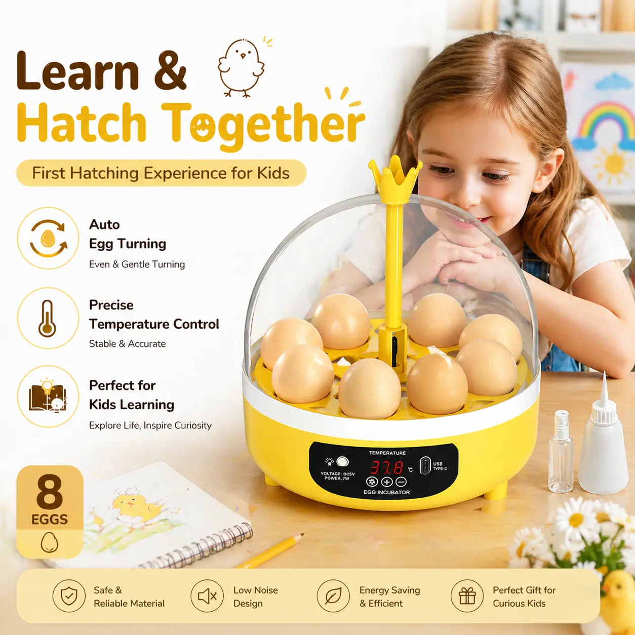Incubator with an 8-egg capacity, featuring automatic egg turning, humidity control, and suitability for incubating various types of eggs.