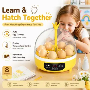 Incubator with an 8-egg capacity, featuring automatic egg turning, humidity control, and suitability for incubating various types of eggs.