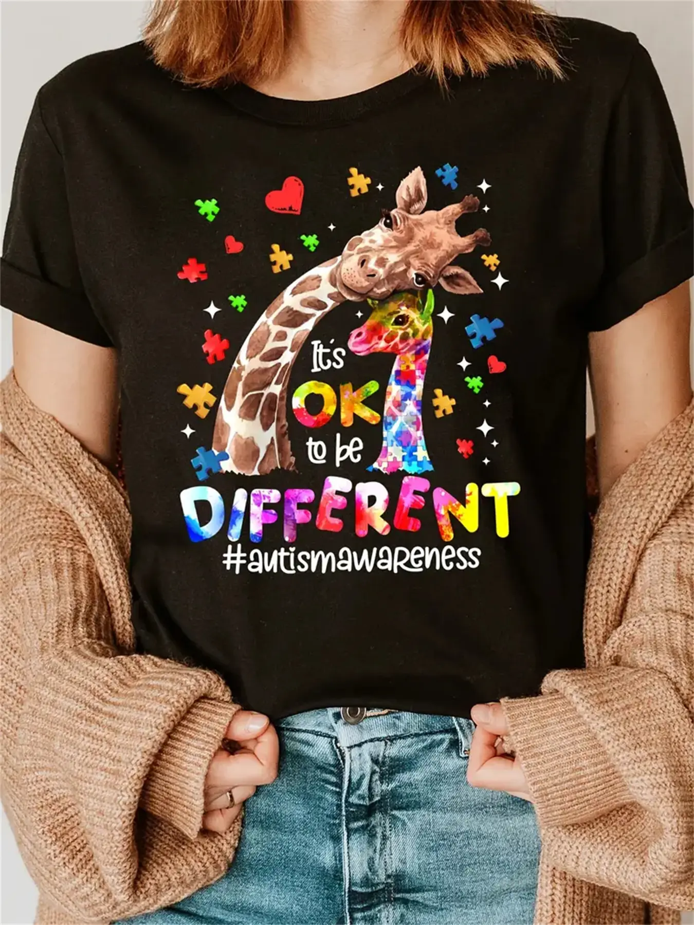 1pc Women's Plus Size Casual Crew Neck T-Shirt - Autism Awareness "It's Ok to Be Different" Graphic with Colorful Puzzle Piece & Giraffe Design, Soft Polyester Knit, Machine Washable, All-Season Comfort, Awareness Apparel |   Vibrant Tshirt |   Soft Fabri
