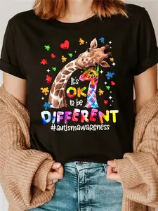 1pc Women's Plus Size Casual Crew Neck T-Shirt - Autism Awareness "It's Ok to Be Different" Graphic with Colorful Puzzle Piece & Giraffe Design, Soft Polyester Knit, Machine Washable, All-Season Comfort, Awareness Apparel |   Vibrant Tshirt |   Soft Fabri