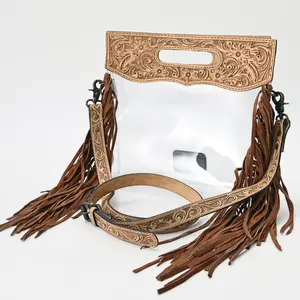 American Darling Western Clear Bag with Long Leather Fringe | Hand Tooled Floral Leather Trim & Carry Handle