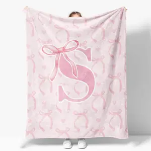 Single-sided Printing Pink Bow Throw Blanket,Personalized Initial S Soft Fluffy Cozy Flannel Blanket Monogrammed Gifts for Daughter Women Teen GirlsCustomized Blanket for Bedding Bedroom Office
