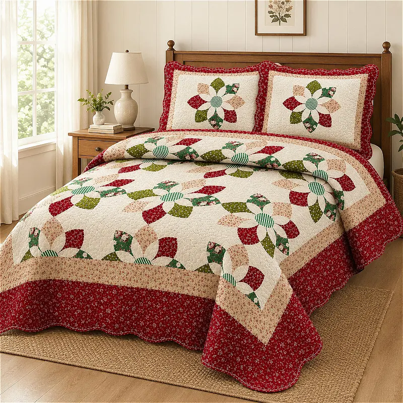 3pcs Queen Size Patchwork Quilt 86 X 94 Inch, Vintage Dresden Plate Floral Quilt, Burgundy Green Flower Patchwork Bedspread, Traditional Farmhouse Country Cottage Bedding, Rustic Americana Coverlet, Soft Lightweight Quilt for Every Season