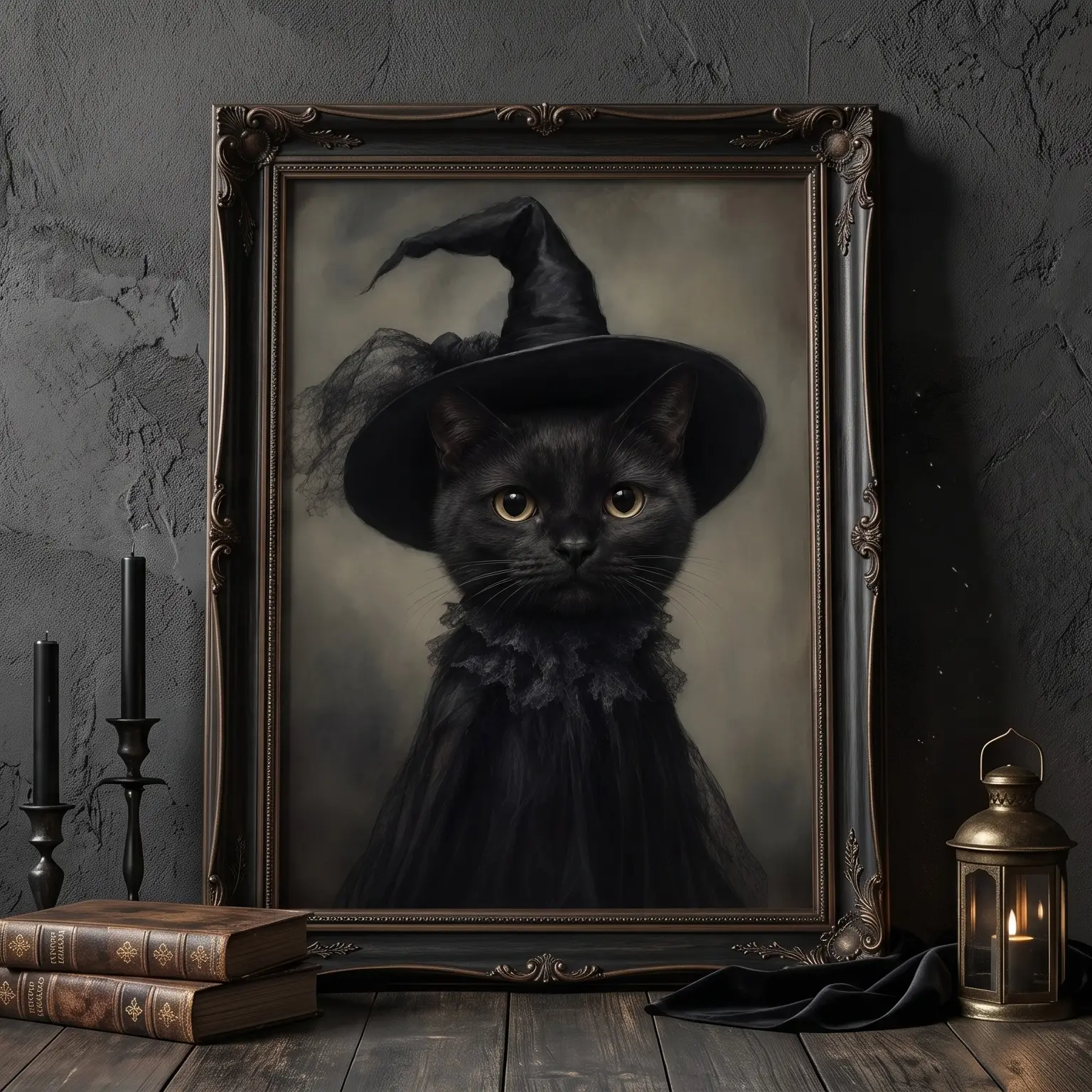 Black Witch Cat Poster, Gothic Halloween Cat Wall Art Print, Vintage Black Cat in Witch Hat Portrait, Dark Cottagecore Fantasy Artwork, Spooky Home Decor for Bedroom Living Room Unframed Poster