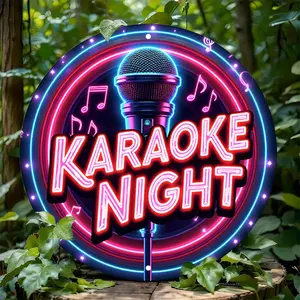 [2D Flat] 1pc Karaoke Night Neon Sign - Round Aluminum Wall Decor with Microphone & Music Notes, 7.87x7.87" Frameless Design for Home, Garage, Cafe, Bar, Music Room Deco
