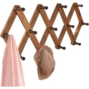 Vintage Wood Expandable Peg Rack- Multi-Purpose Accordion Wall Hangers with 13 Hooks for Hats, Coat, Mugs, Scarf, Jewelry Storage