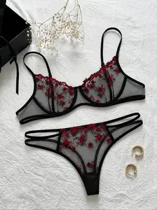 Women's Floral Embroidery Lingerie Set Sheer Mesh Underwire Lace Bra and Thong Panty Set Adjustable Strap Bras for Women Panties Underwear
