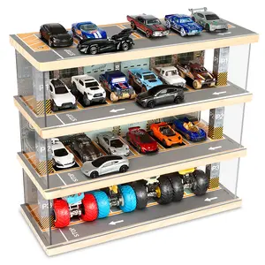 Saichotoy Toy Car Parking Garage - Freestanding Display Case with Lights for 1/64 Scale Diecast Cars, 4 Levels 24 Spots Maximum 40 Cars (Car Not Included, Spot Painting Scene)