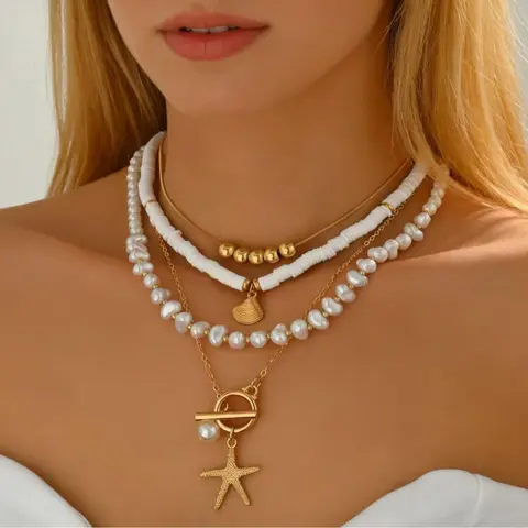 Women's 2026 4-Piece Decorative Short Layered Pearl Necklaces Set - Adjustable Pearl Conch Starfish, Shell Embellished Seashell Jewelry with Plastic Pendant, Metal Coating Chain for Casual Beach Outfits, Decorative Necklace
