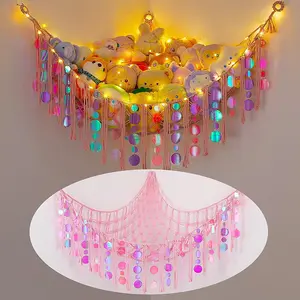 Stuffed Animals Hammock Net Toy Storage Organizer with LED Light Net Corner Wall Girls Room Decor Wall Hanging with Sequins for Kids Bedroom Nursery Playroom  Hangable Ornaments Decoration