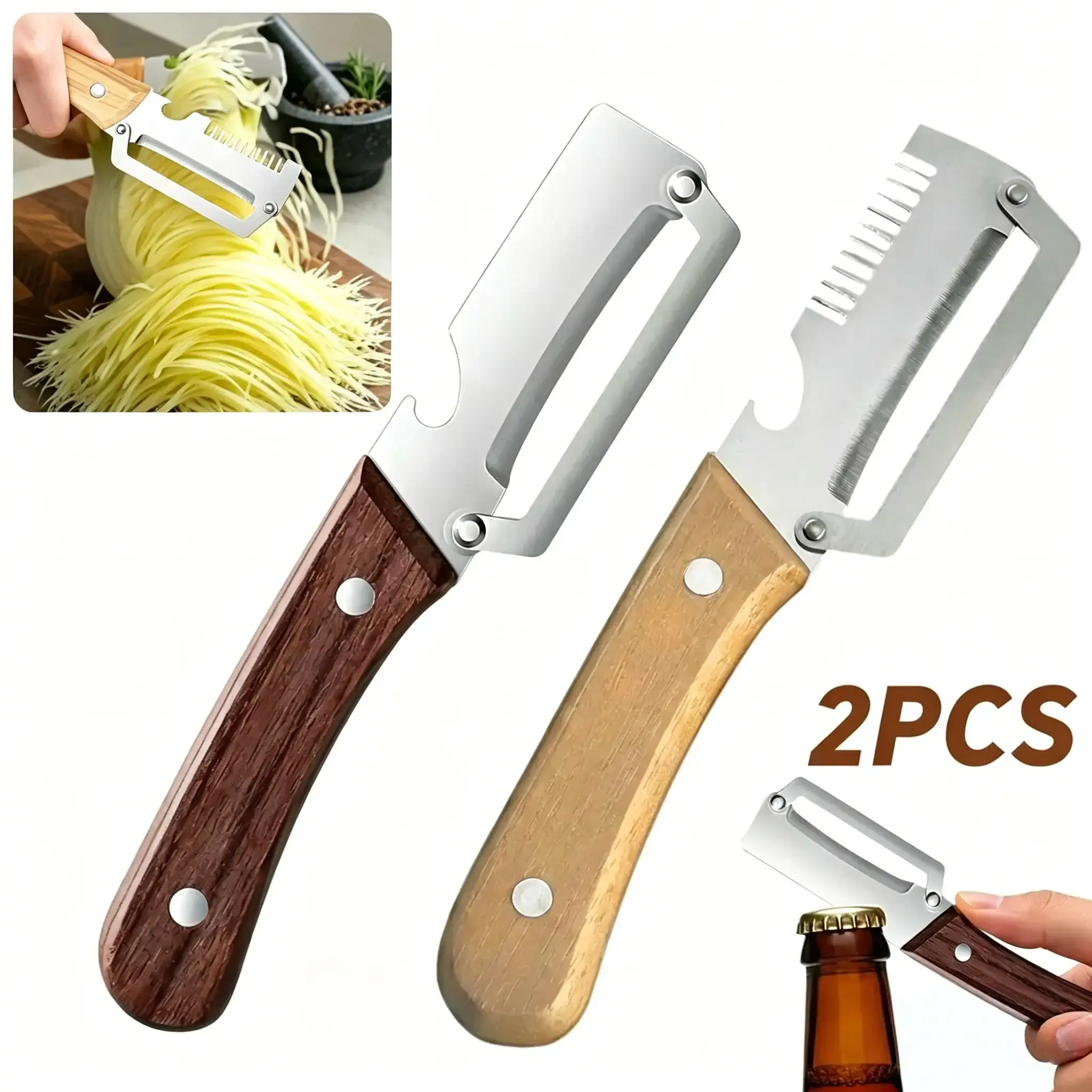 2PCS Durable Handheld 2-in-1 Multi-Slicer Peelers Set - Silver Metallic Rustproof Stainless Steel 3-in-1 Functionality Blades, Smooth Natural Grain Retro Solid Wood Grip, Shredding & Bottle Opener Tools for Home Kitchen Cooking, Outdoor Camping