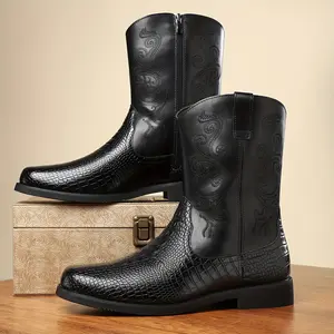 Plus Size Men's Retro High Top Western Style Cowboy Boots, with Side Zipper, Comfortable Non-Slip Durable Rubber Sole Riding Boots, Men's Shoes